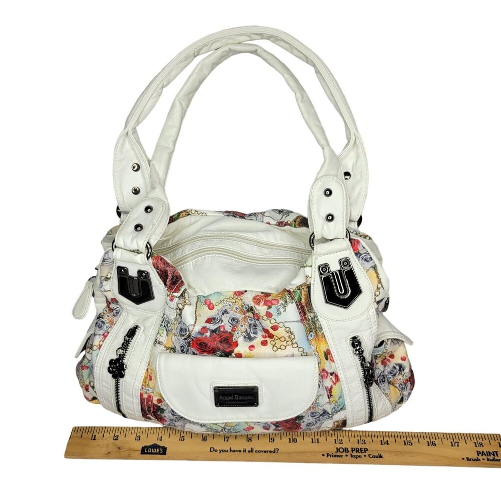 Angel Barcelo White Floral Print Shoulder Bag Handbag With Detachable Strap - Picture 3 of 11